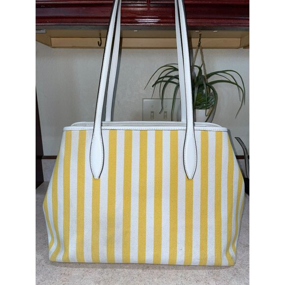 Kate Spade New York Yellow & White Striped Canvas Tote Bag With Leather Handles - Picture 3 of 8